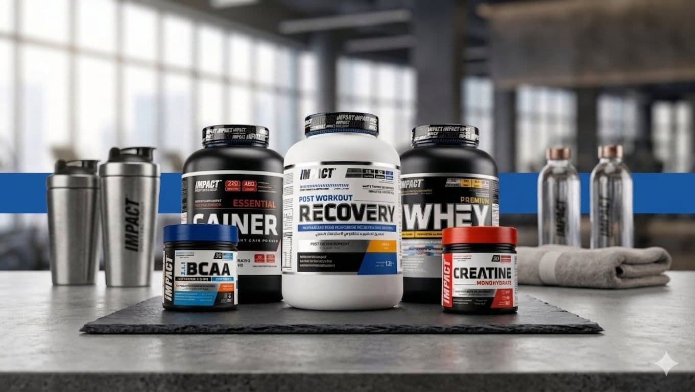 Gamme de compléments alimentaires Impact Sport Nutrition : Whey protéine, Créatine, Mass Gainer et Vitamines pour la performance sportive.